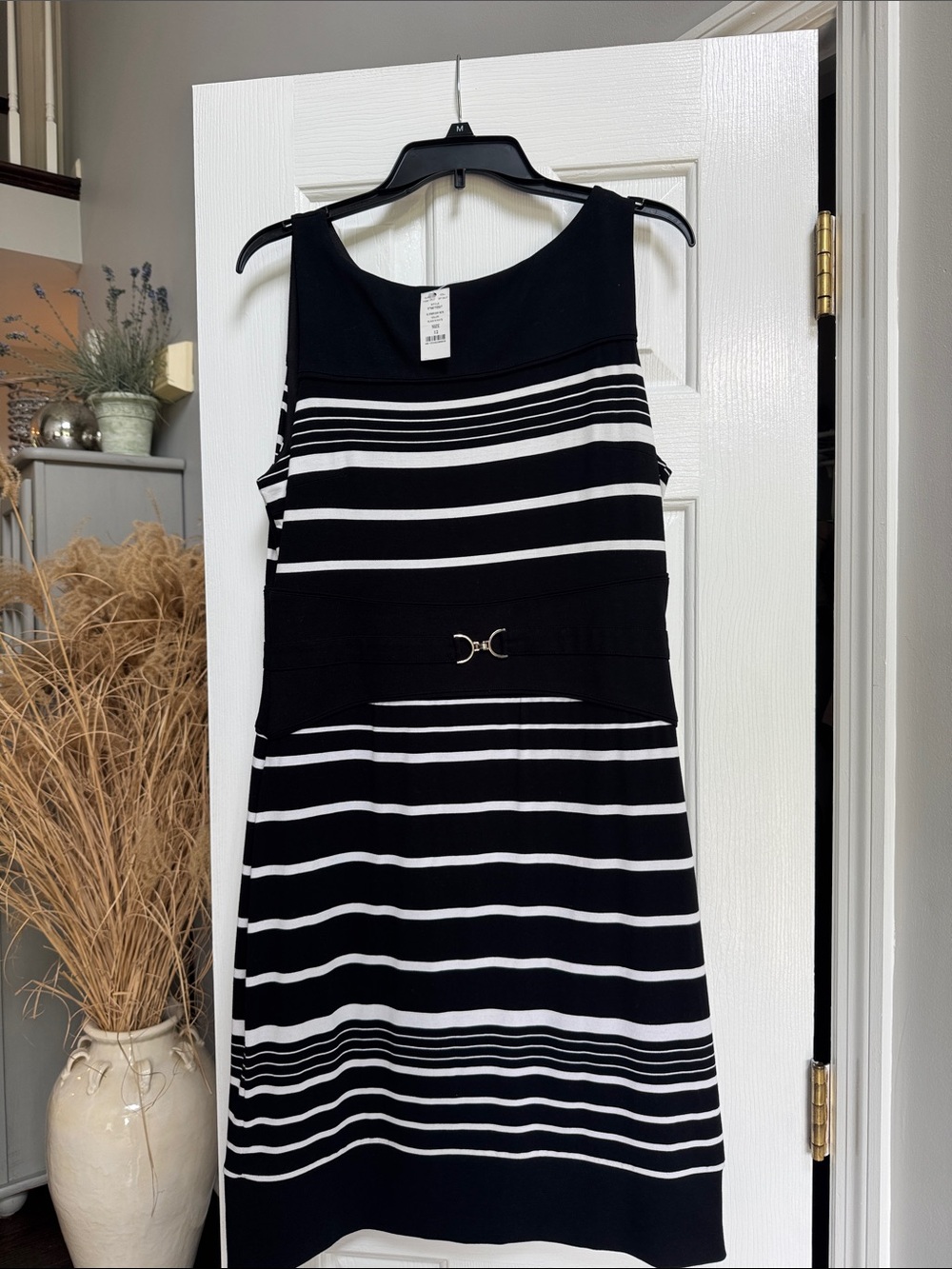 White House Black Market Black and White Striped Sleeveless Midi Dress